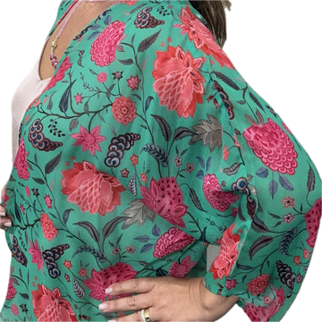 Kimono - Long - Raspberry Flowers on Green - ON SALE 20% OFF!