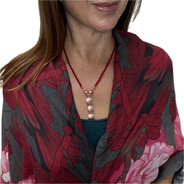 SET 7- 50% OFF!! RED LEAF ON CHARCOAL FINE WOOL SCARF+ TRANSLUCENT RED CRYSTAL MEDIUM STRAND+ PINK SHELL PEARL HANGING PENDANT