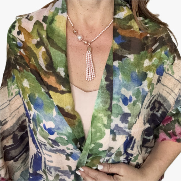 Pink Shell Pearl Tassel + Pink Round Shell Pearl Pendant + FW Scarf Reflections on Pond