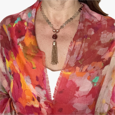 Set 5 -Modal Silk Coquelicot Scarf with  Beaten Disc Link Necklace + Chain Tassel with Maroon Organic Pearl
