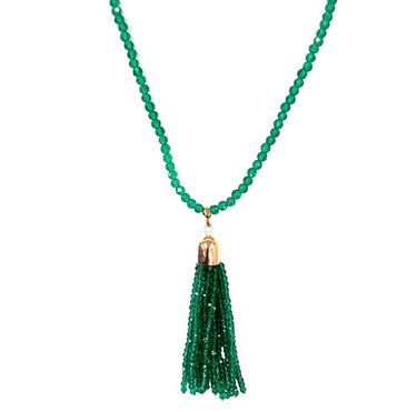 Close up of the green crystal tassel