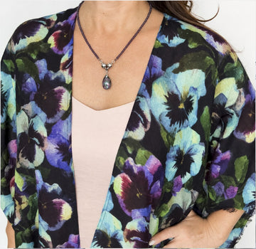 Grape Medium Strand + Opal Teardrop Pendant with Pansies Cape