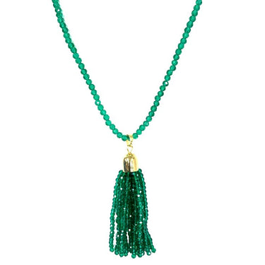 Emerald Crystal tassel necklace worn on its own