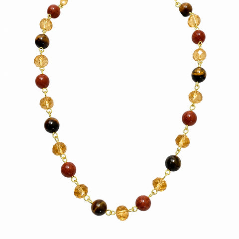 LONGER Link Necklace - Golden Crystal & Brown Stones