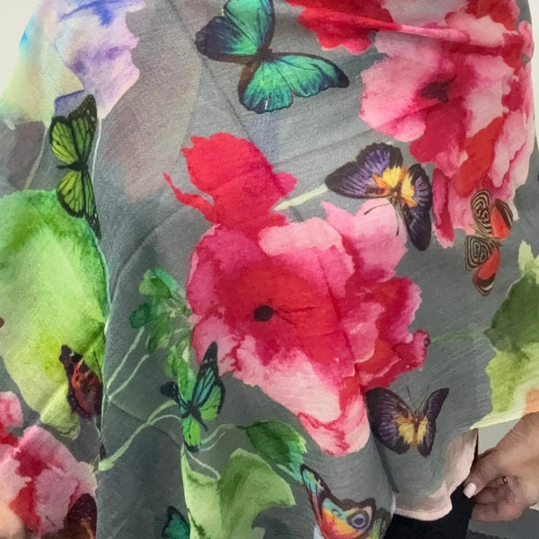 Scarf - Fine Wool - Butterflies on Grey Fine Wool Scarf Namaskar