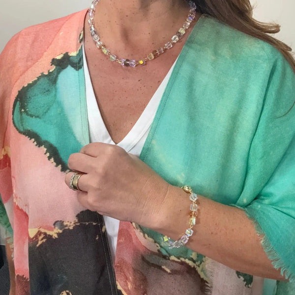Link Necklace + Bracelet - AB Cube with Champagne, Golden and Platinum Crystal Maria Nicola