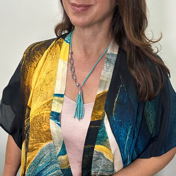 LAST CHANCE!!- 30% OFF!!- GILDED LEAVES SHORT KIMONO + TURQUOISE CRYSTAL TASSEL + PAPERCLIP CONNECTOR
