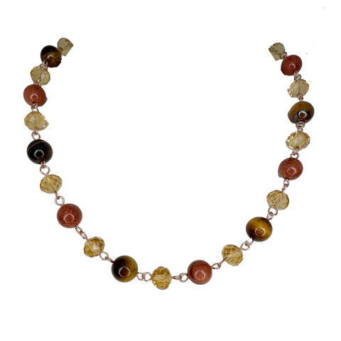 Link Necklace - Golden Crystal & Brown Stones
