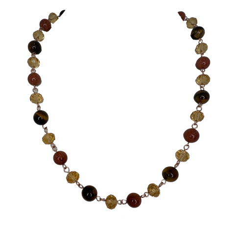 LONGER Link Necklace - Golden Crystal & Brown Stones