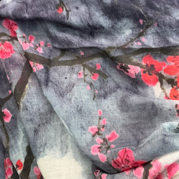 Scarf - Fine Wool - Cherry Blossom on Grey