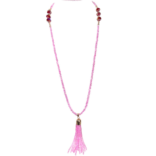 Tassel + Earring Set - LONG Candy Pink Tassel with + Red Crystal (no magnet) + Matching Earrings