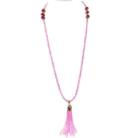 Tassel + Earring Set - LONG Candy Pink Tassel with + Red Crystal (no magnet) + Matching Earrings