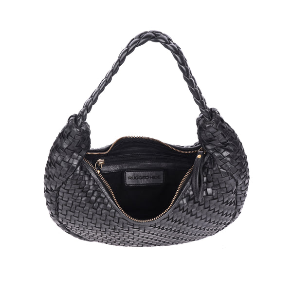 WOVEN LEATHER HANDBAG - CRESCENT - BLACK ORAN Leather