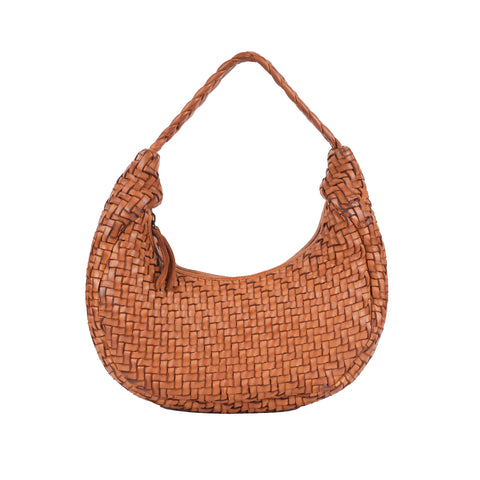WOVEN LEATHER HANDBAG - CRESCENT - TAN