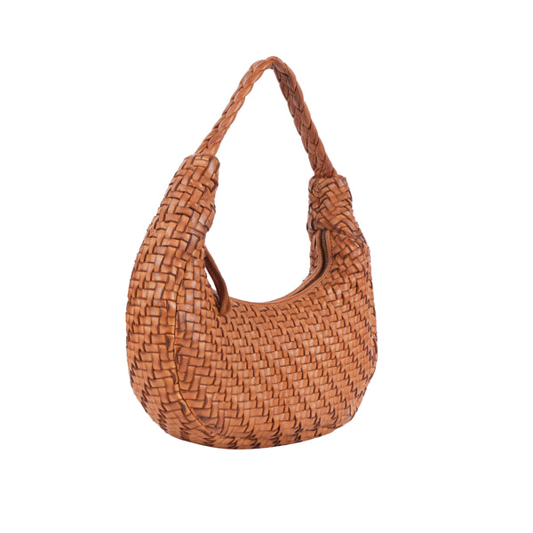 WOVEN LEATHER HANDBAG - CRESCENT - TAN ORAN Leather