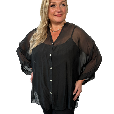 Italian Silk Top - BUTTONED - Black