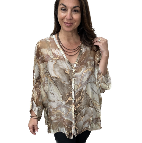 Italian Silk Top - BUTTONED - Marble - Taupe