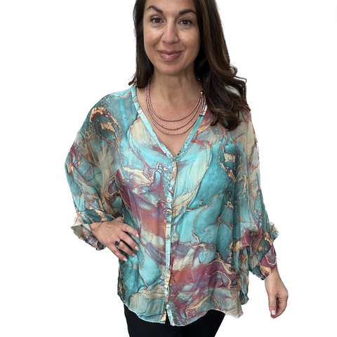 Italian Silk Top - BUTTONED - Marble - Turquoise