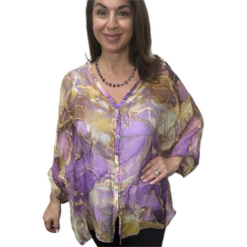 Italian Silk Top - BUTTONED - Marble - Lilac - LAST CHANCE - ON SALE - 20% OFF