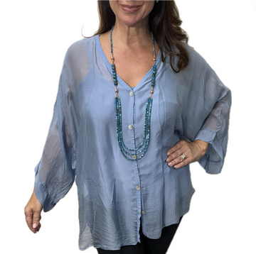 Italian Silk Top - BUTTONED - Sky Blue - LAST CHANCE - ON SALE - 20% OFF