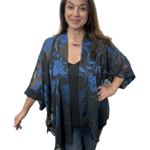 Square Kimono - Black Sheer with ROYAL Blue Floral - LAST ONES 25% OFF!!