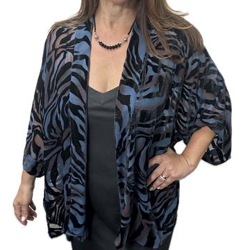 Parisukat na Kimono - Itim na May Disenyong Veludo - Usok-asul at Pulang Ubas