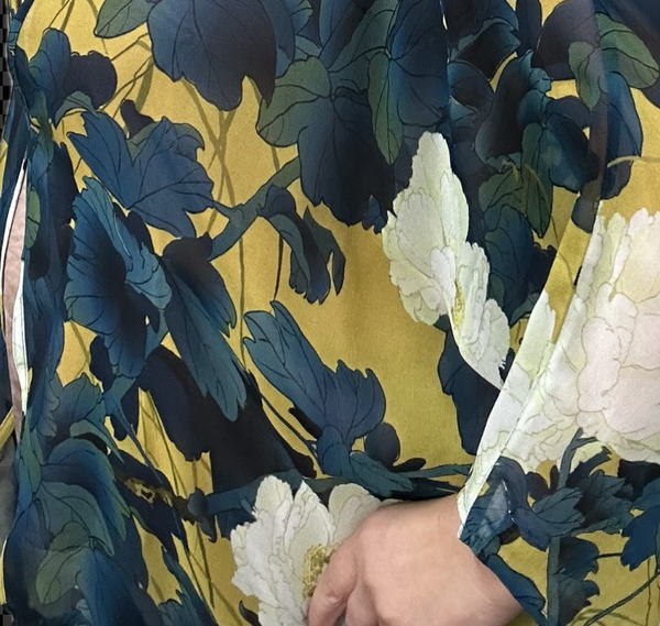 SET 1-  50% OFF! MUSTARD FLORAL LONG KIMONO ( MODAL or VISCOSE) + SATIN METAL YELLOW GOLD LONG STRAND + SATIN  METAL YELLOW GOLD CONNECTORS + BLUE ENCRUSTED CYLINDER PENDANT