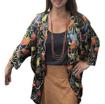 Kimono - Long - Australian Wildflowers on BLACK - MODAL - 10% OFF! Namaskar