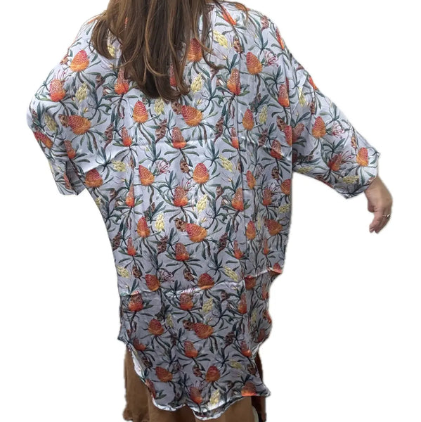 Kimono - Long - Australian Wildflowers on Grey - MODAL - 10% OFF! Namaskar