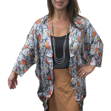 Kimono - Long - Australian Wildflowers on Grey - MODAL - 10% OFF! Namaskar