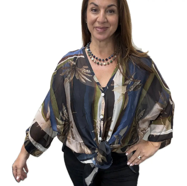 Italian Silk Blend Top - BUTTONED - Geometric Palm - NAVY Italian Closet
