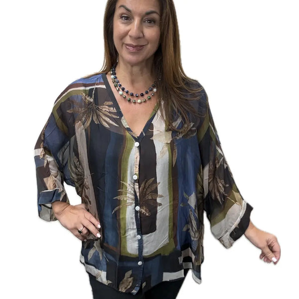 Italian Silk Blend Top - BUTTONED - Geometric Palm - NAVY Italian Closet