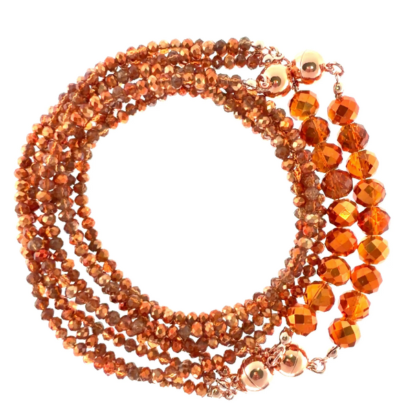 SET 4- 30% OFF!- ORANGE COPPER CRYSTAL 10 WAY NECKLACE + ORANGE COPPER CRYSTAL MINI CONNECTORS + METAL SURROUND PEARL PENDANT + PEARL STUD EARRINGS