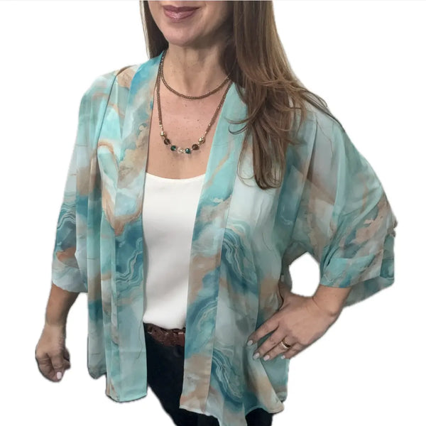 SET 1- 25% OFF! SHORELINE SWIRL SHEER SQUARE KIMONO + SMOKEY QUARTZ LONG STRAND + BESPOKE SMOKEY QUARTZ/TEAL/AB CRYSTAL LINK CONNECTOR + MATCHING LONG CRYSTAL EARRINGS FLASH SALE
