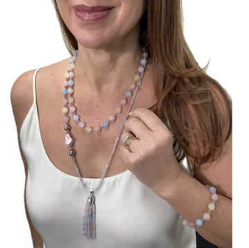 SET 7- 40% OFF! MORGANITE TASSEL + MORGANITE LINK LONGER NECKLACE, LONGER BRACELET & SHORTER BRACELET+  PINK BAROQUE SHELL PEARL PENDANT FLASH SALE