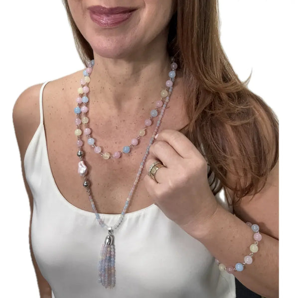 SET 7- 40% OFF! MORGANITE TASSEL + MORGANITE LINK LONGER NECKLACE, LONGER BRACELET & SHORTER BRACELET+  PINK BAROQUE SHELL PEARL PENDANT FLASH SALE