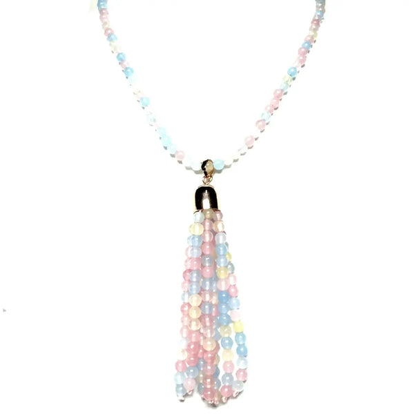 SET 7- 40% OFF! MORGANITE TASSEL + MORGANITE LINK LONGER NECKLACE, LONGER BRACELET & SHORTER BRACELET+  PINK BAROQUE SHELL PEARL PENDANT FLASH SALE