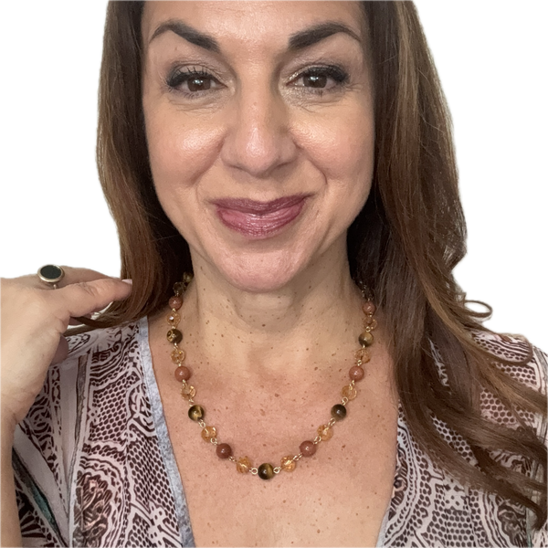 Longer Link Necklace - Golden Crystal & Brown Stones Seriously Romantic