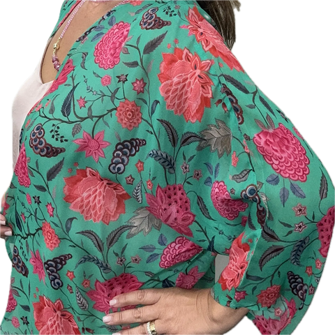 Kimono - Long - Raspberry Flowers on Green - FINAL SALE - 50% OFF!
