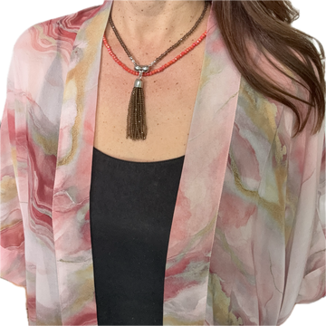 SET 3- 30% OFF! STRAWBERRY BLUSH SHEER SQUARE KIMONO+ CONVERTED SMOKEY QUARTZ TASSEL + TANGERINE CRYSTAL MEDIUM STRAND FLASH SALE
