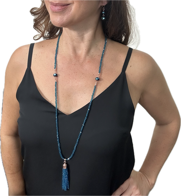 FINAL SALE- NOW 50% OFF!! BESPOKE " DARK TEAL" LONG TASSEL ( NO MAGNET) + TWO BEAD DROP SAPPHIRE CRYSTAL EARRINGS - LAST CHANCE