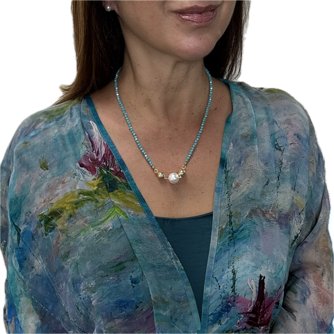 SET 3- 30% OFF!! MYSTIC BLUE VISCOSE LONG KIMONO + TURQUOISE CRYSTAL MEDIUM STRAND + CREAM ROUND SHELL PEARL PENDANT+  PEARL STUD EARRINGS