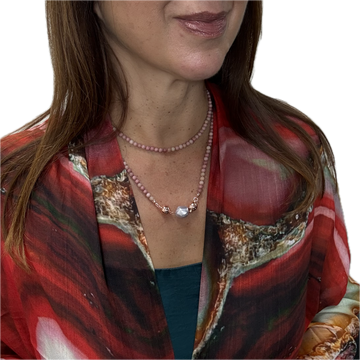 SET 2-25% OFF!! RED/EMERALD CUT STONE MS SCARF + RHODOCHROSITE LONG STRAND + LAVENDER ORGANIC PEARL PENDANT