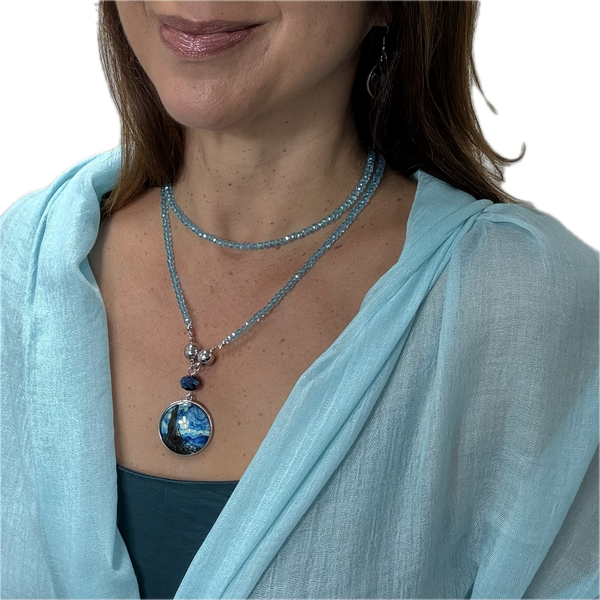 SET 7- 20%OFF! - SKY BLUE BAMBOO SCARF+ SKY BLUE LONG STRAND + STARRY NIGHT PENDANT & MATCHING EARRINGS