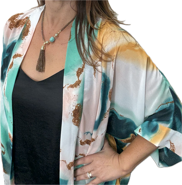 SET 1- 25% OFF! EMERALD & GOLD SQUARE KIMONO + SMOKEY QUARTZ TASSEL + TURQUOISE ORGANIC PEARL PENDANT