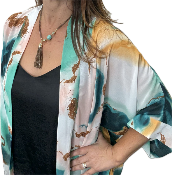 SET 1- 25% OFF! EMERALD & GOLD SQUARE KIMONO + SMOKEY QUARTZ TASSEL + TURQUOISE ORGANIC PEARL PENDANT