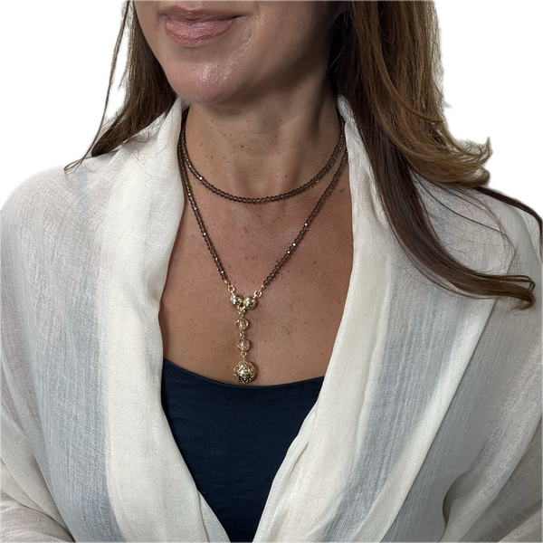 SET 5- 25% OFF!! ALMOND BAMBOO SCARF+ SMOKEY QUARTZ LONG STRAND + CHAMPAGNE LUXE FILIGREE PENDANT