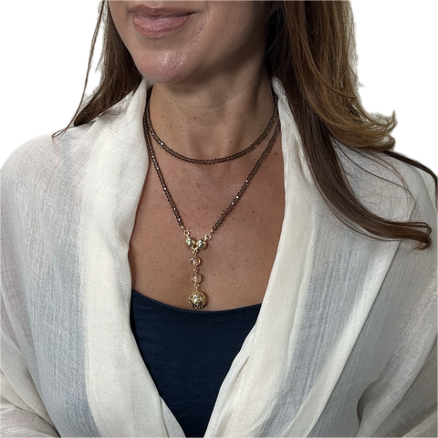 SET 5- 25% OFF!! ALMOND BAMBOO SCARF+ SMOKEY QUARTZ LONG STRAND + CHAMPAGNE LUXE FILIGREE PENDANT