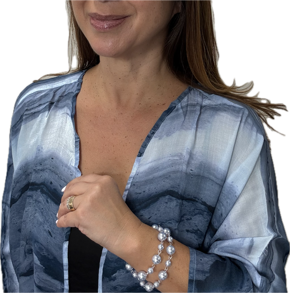 SET 9- 25% OFF! BLUE MARBLE MODAL LONG KIMONO+ SOFT BLUE SHELL PEARL BRACELETS