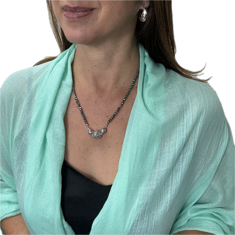 LAST CHANCE! - 30% OFF! PASTEL MINT BABMBOO SCARF+ HARLEQUIN MEDIUM STRAND + FILIGREE SPHERE PENDANT + HAMMERED DROPLET EARRINGS